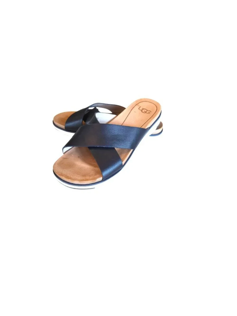 UGG Women's Leather Navy Cross-Strap Slide Sandals With White Sole Size 6